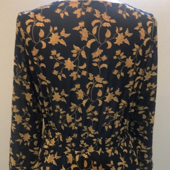 Black & Gold Floral Long Puffed Sleeve Dress Elastic Waist Layered Ruffle Hem-L - Picture 5 of 14